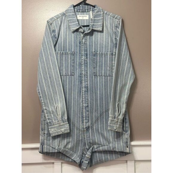 NWOT ONETEASPOON Prophecy Long Sleeve Blue Denim Stripped Shorts Romper Jumpsuit - Picture 2 of 13